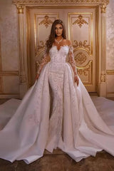 Luxurious Long Mermaid Sweetheart Satin Sweep Train Floral Appliques Wedding Dress with Sleeves