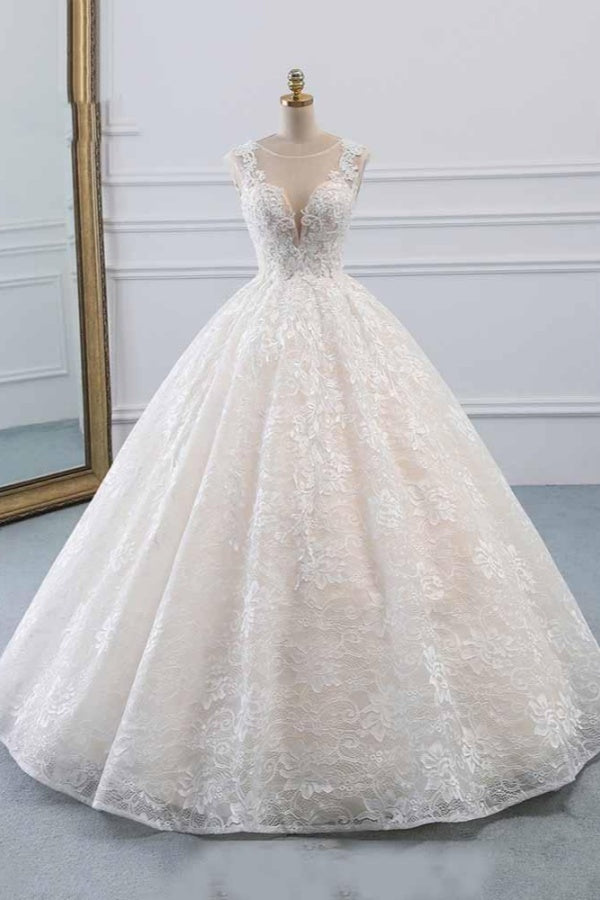 Luxury Long Lace Tulle Ball Gown Wedding Dresses