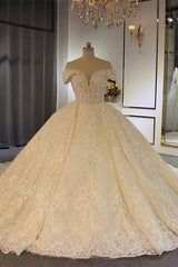 Luxury Long Off the Shoulder Lace-Up Ball Gown Wedding Dresses with Beading