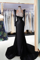 Mermaid Satin High Neck Long Sleeve Black Prom Dress with Beaded