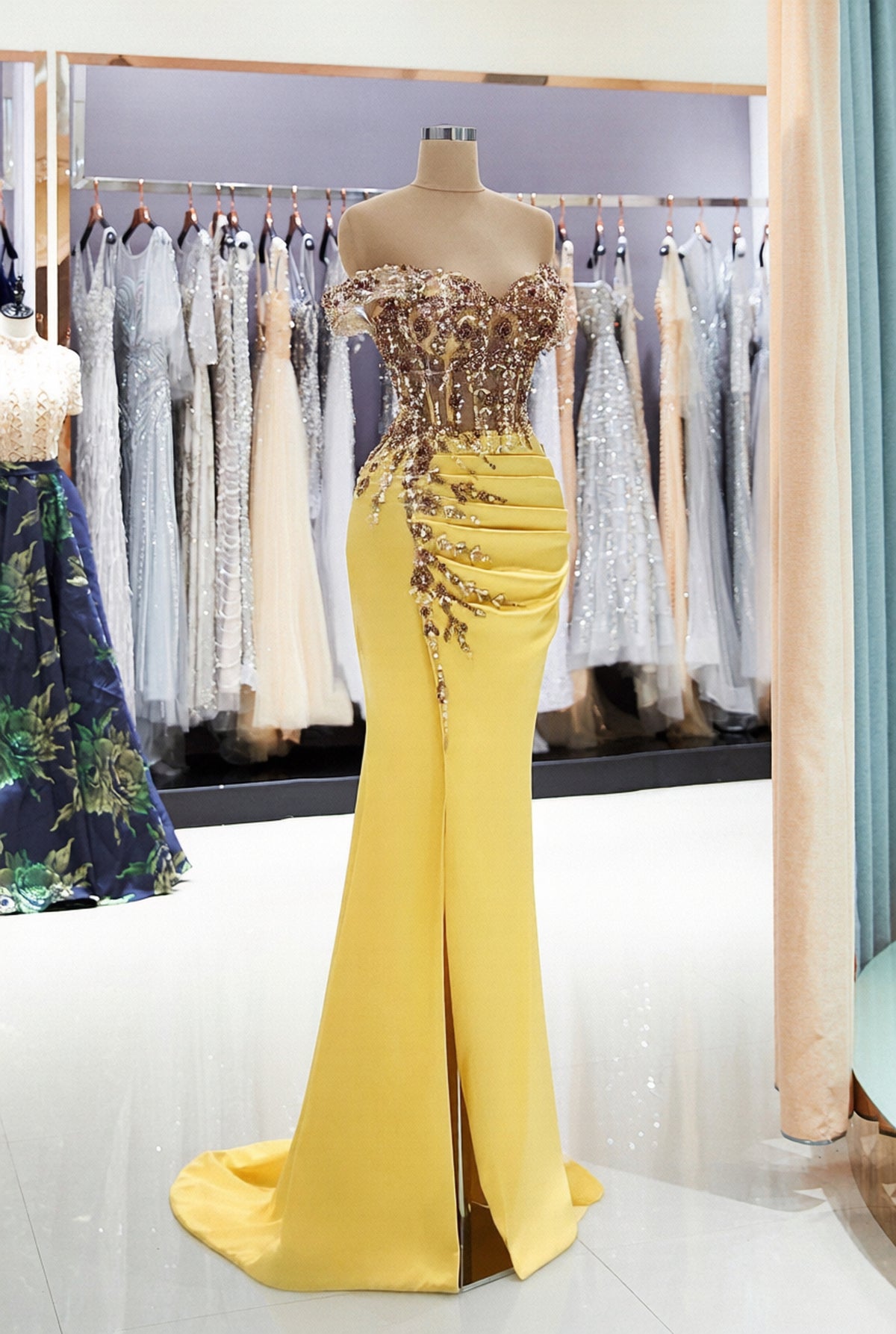 Mermaid Strapless Off the Shoulder Satin Beading Long Prom Dress with Split