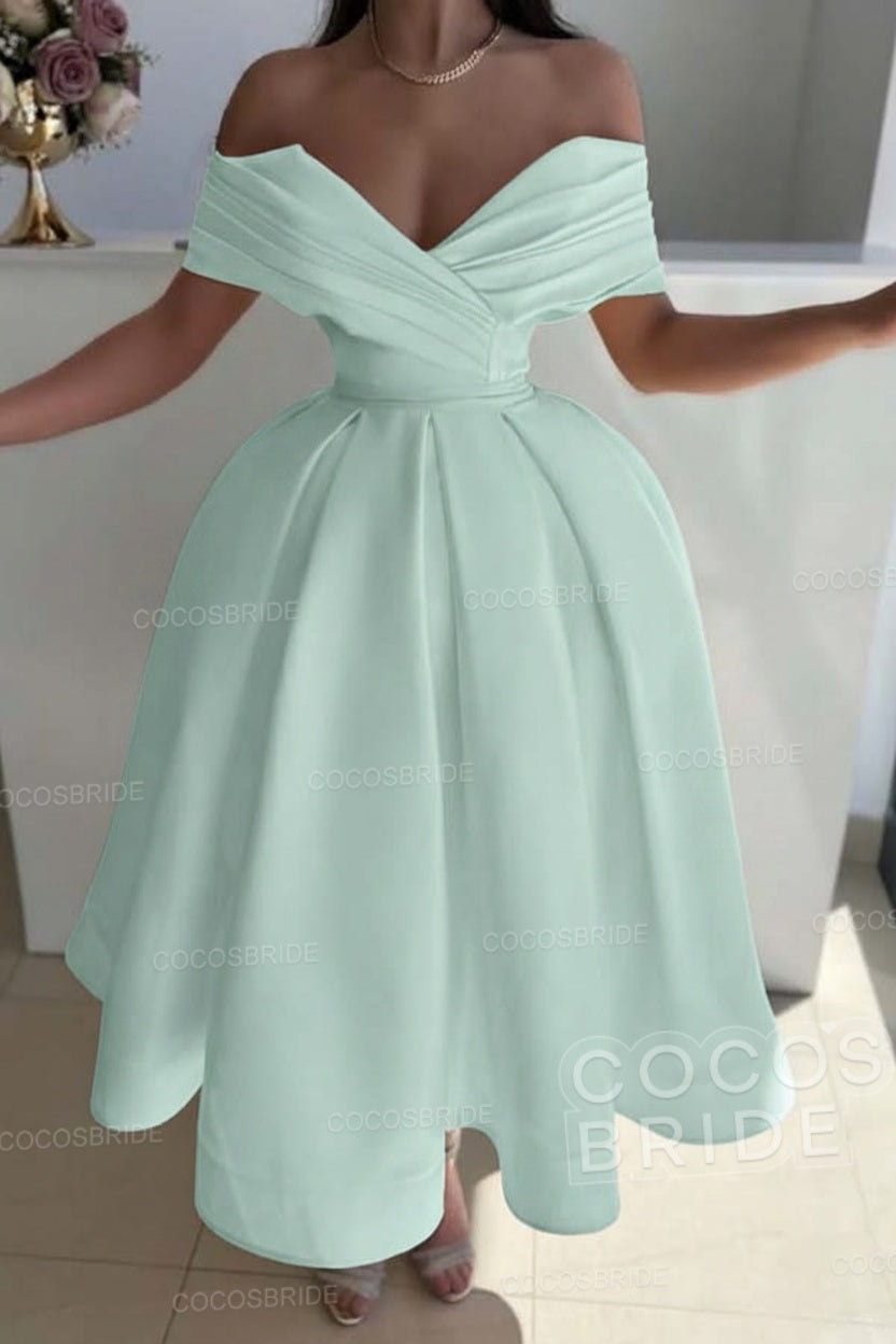 Off the Shoulder A-Line Satin Prom Dress with Pleated
