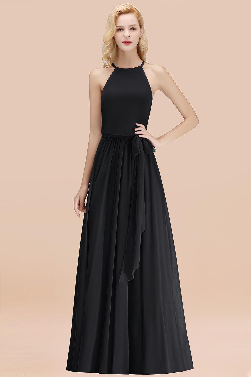 Modest Long A-line Halter Chiffon Bow Black Bridesmaid Dresses