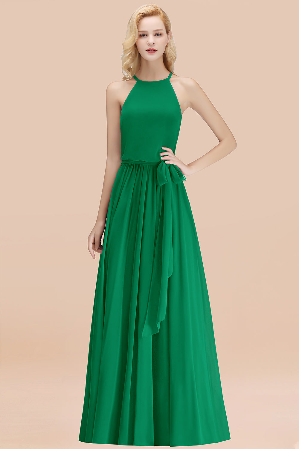 Modest Long A-line Halter Chiffon Bow Emerald Bridesmaid Dresses