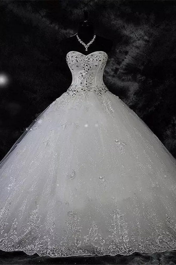 Modest Long Sweetheart Beaded Tulle Ball Gown Wedding Dresses