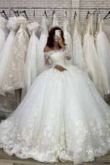 Elegant Off The Shoulder Long Lace Tulle Ball Gown Wedding Dresses with Sleeves