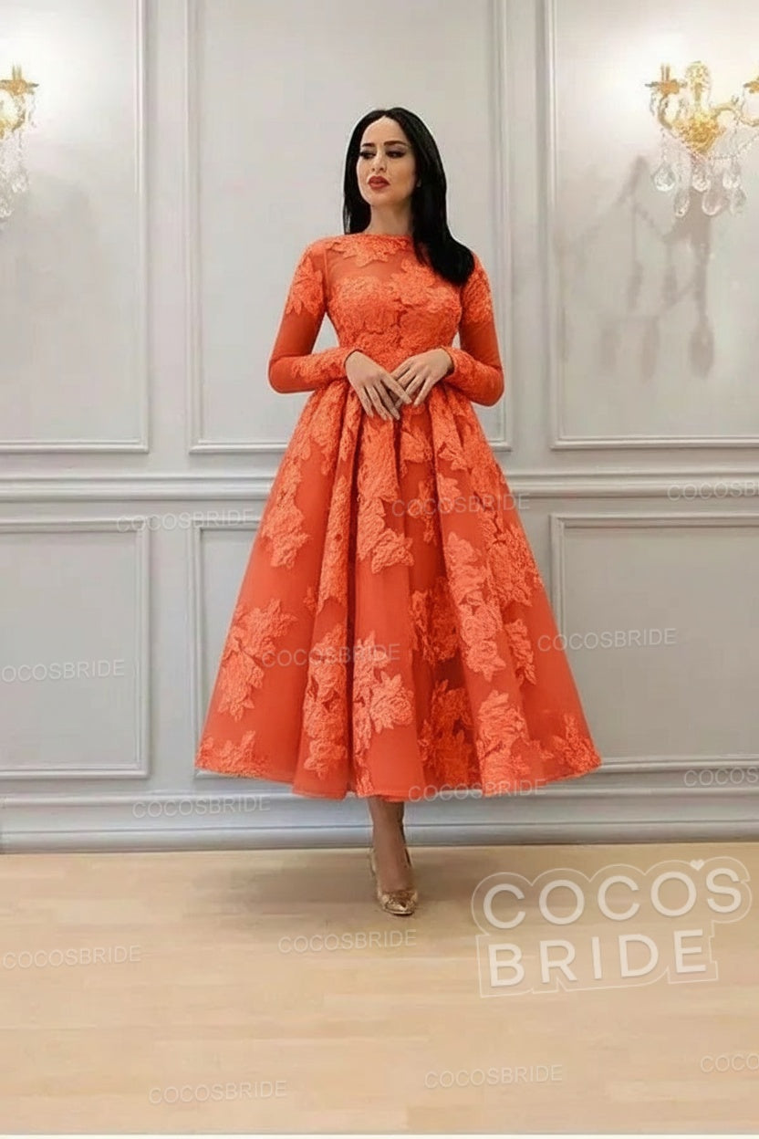 Elegant A-line High Neck Lace Formal Evening Dress with Sleeves