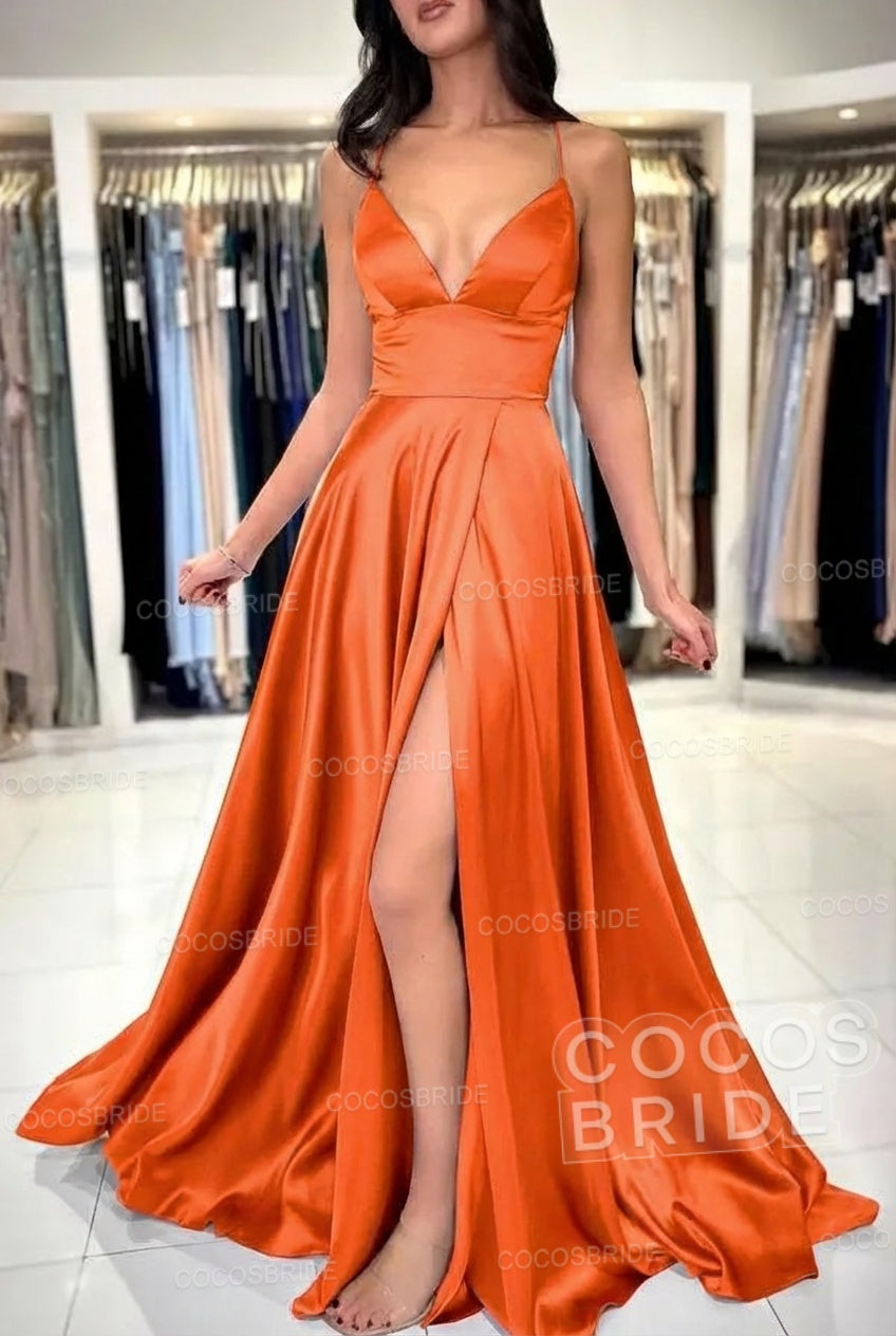 Simple Long A-line V-neck Satin Backless Formal Prom Dresses with Slit
