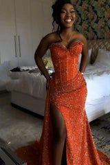Orange Sweetheart Long Mermaid Prom Dress with High Slit