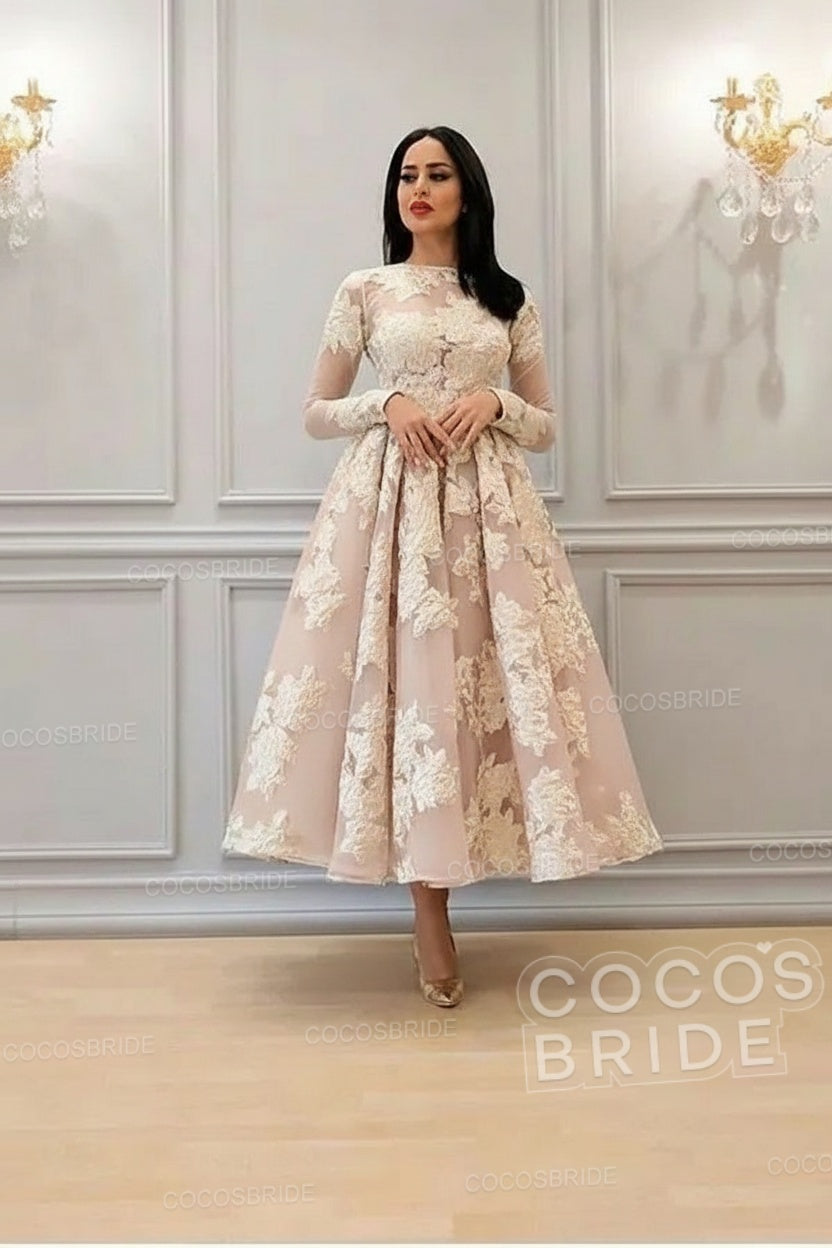 Elegant A-line High Neck Lace Formal Evening Dress with Sleeves