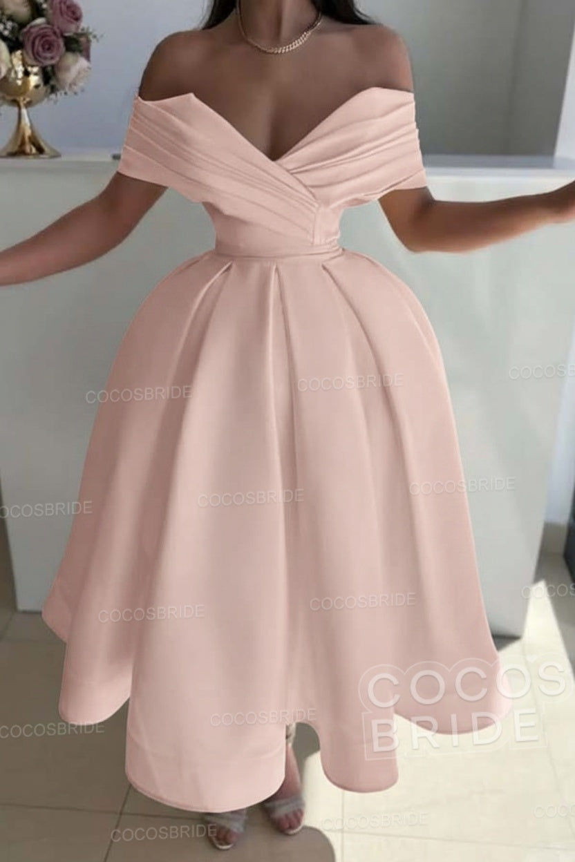 Off the Shoulder A-Line Satin Prom Dress with Pleated