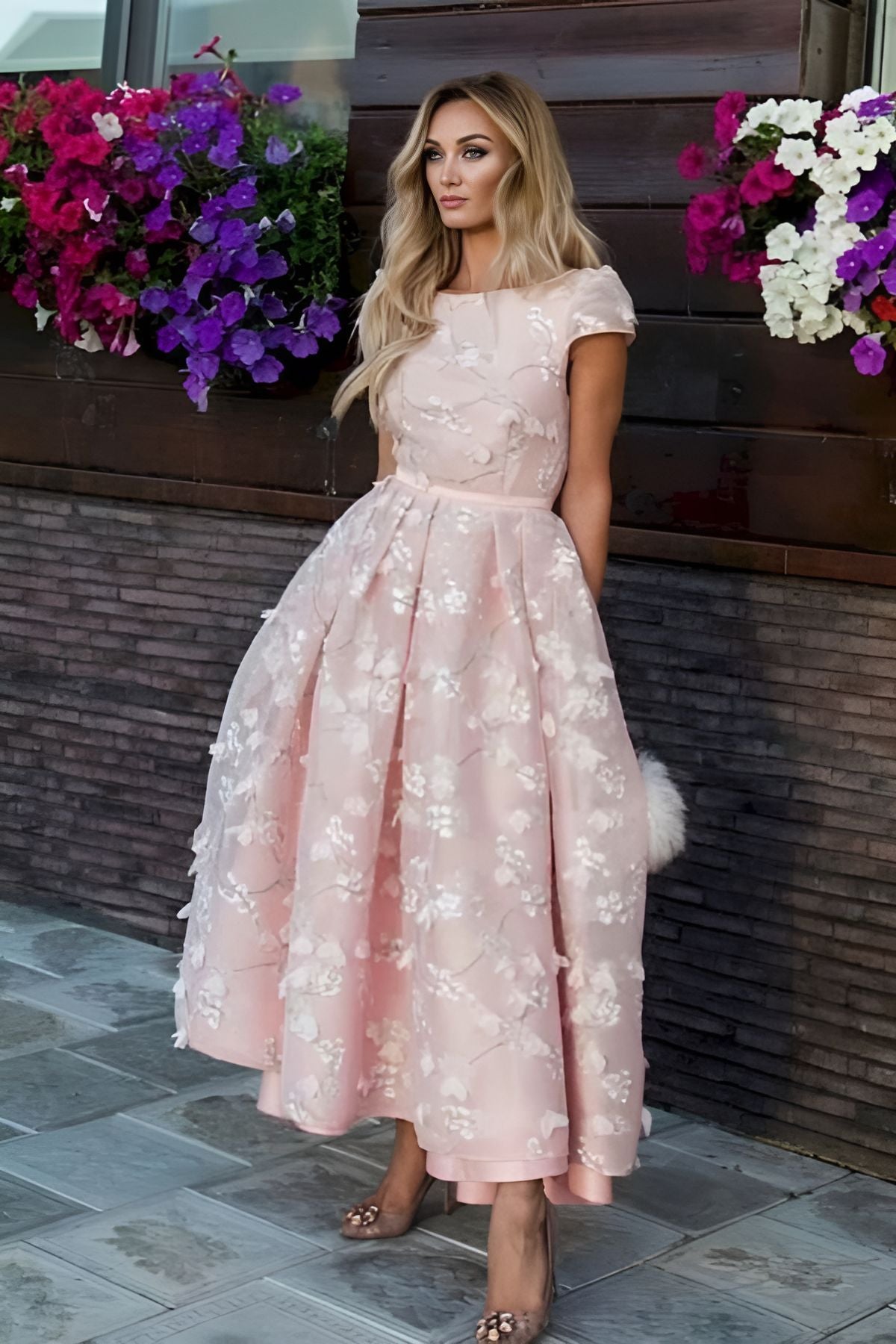 Pink Flowers Jewel A-Line Tea Length Prom Party Dress