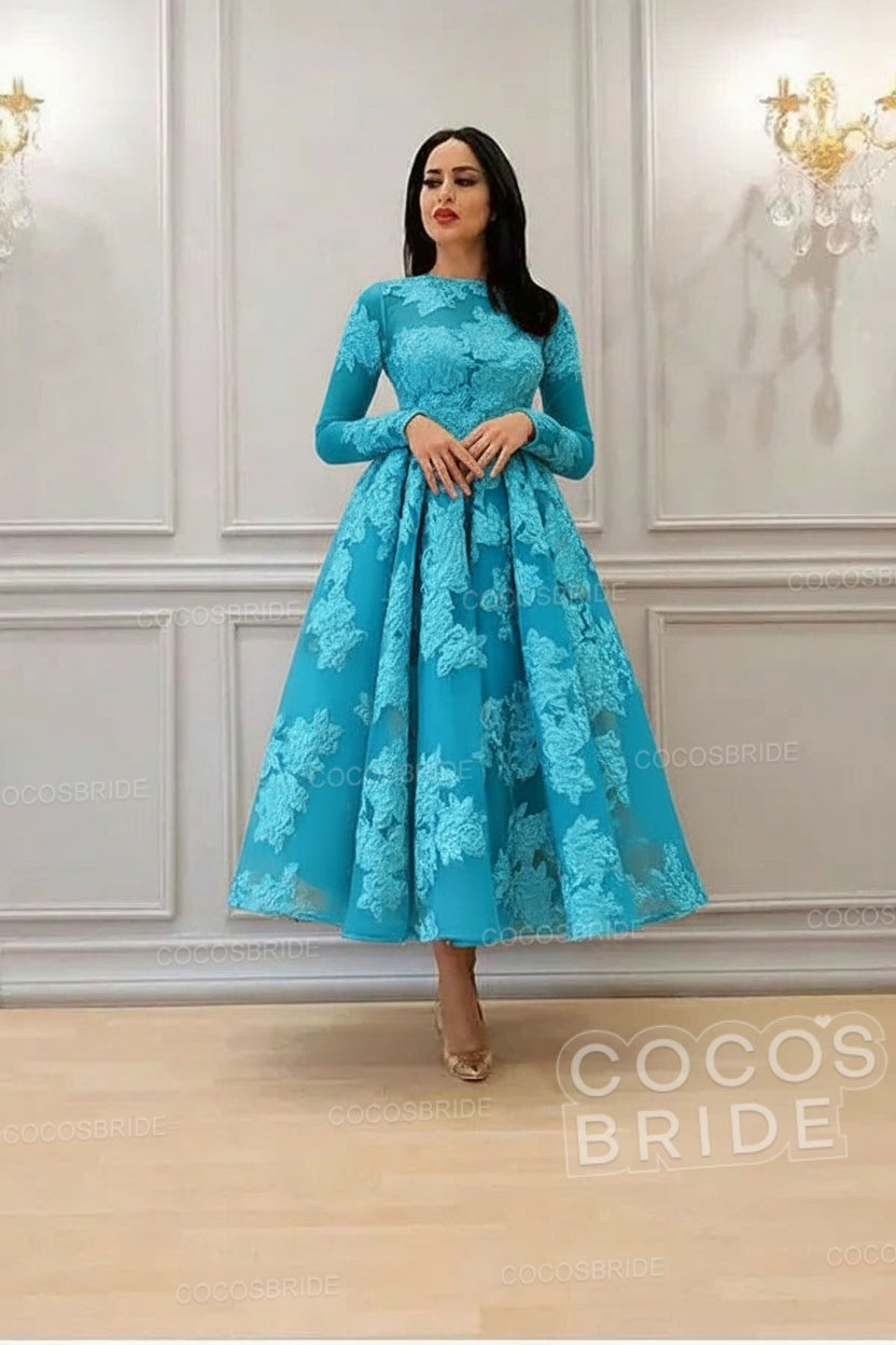 Elegant A-line High Neck Lace Formal Evening Dress with Sleeves