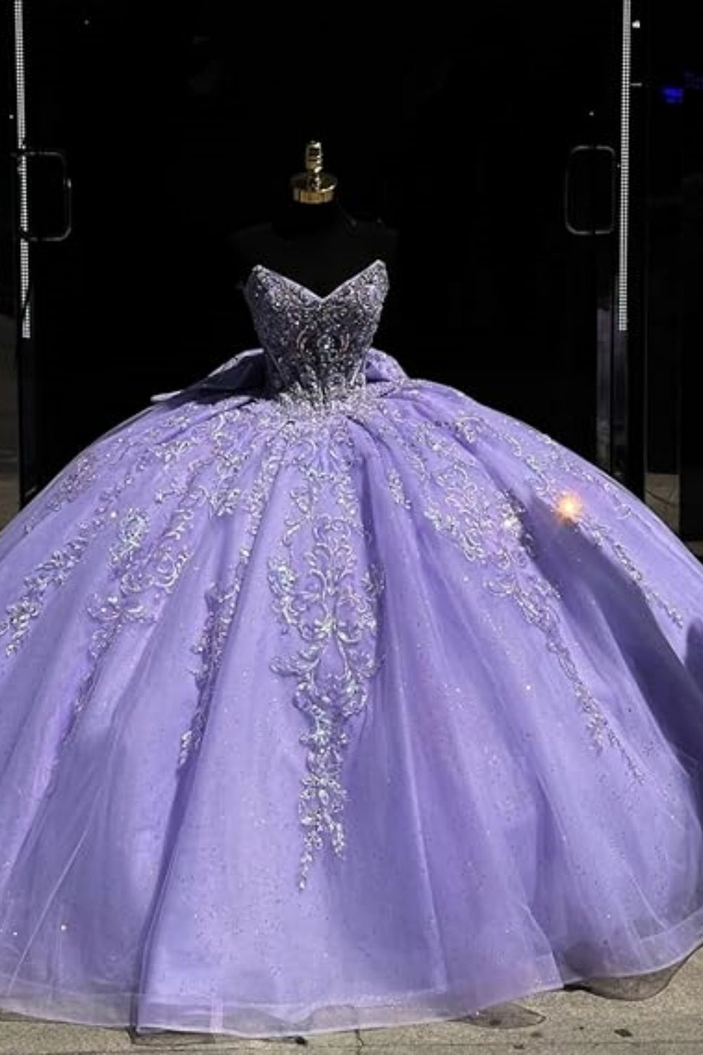 Purple Strapless Ball Gown Quinceanera Dress with Lace Applique
