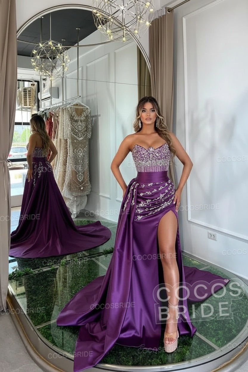 Luxury Mermaid Sweetheart Satin Long Beading Prom Dress with Split