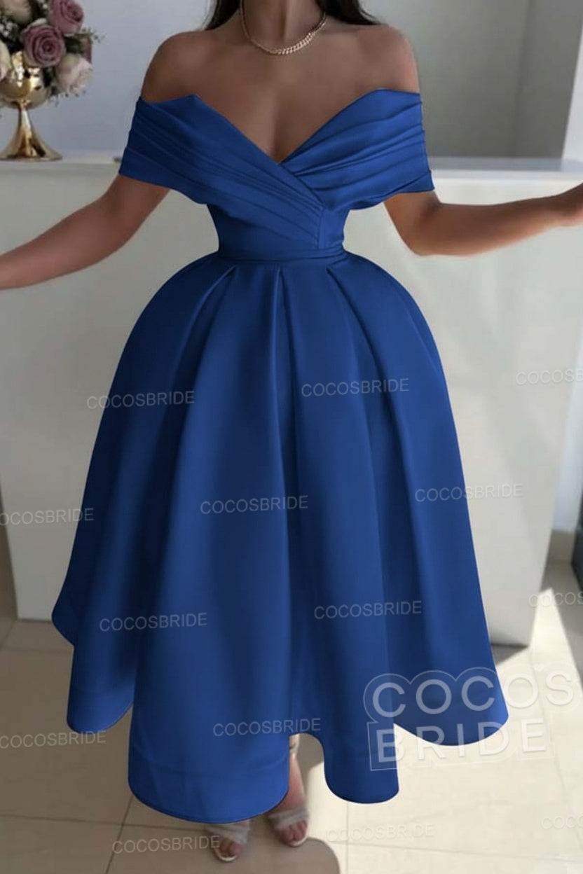Off the Shoulder A-Line Satin Prom Dress with Pleated