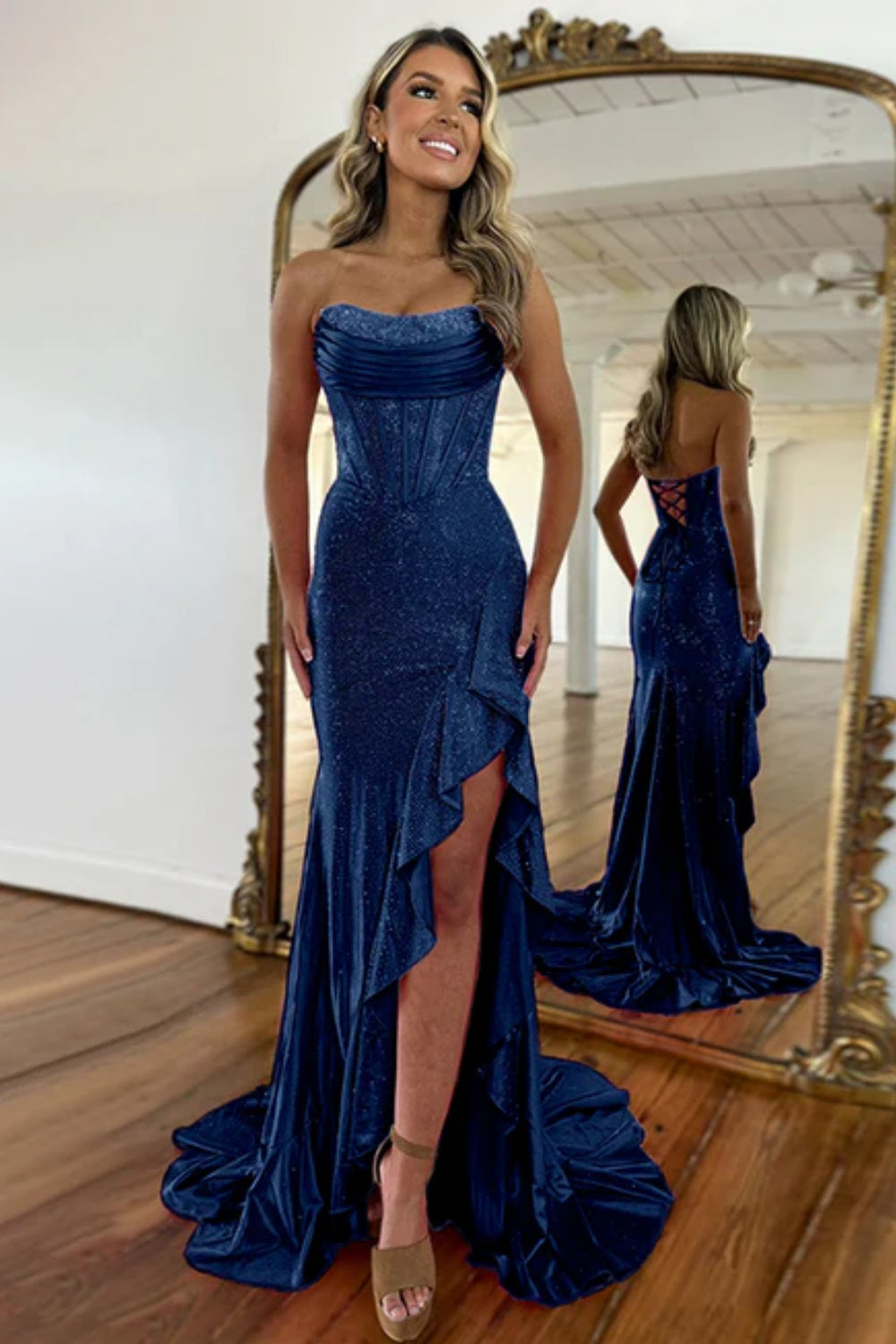 Strapless Sleeveless Sequined Mermaid Prom Dress with Split