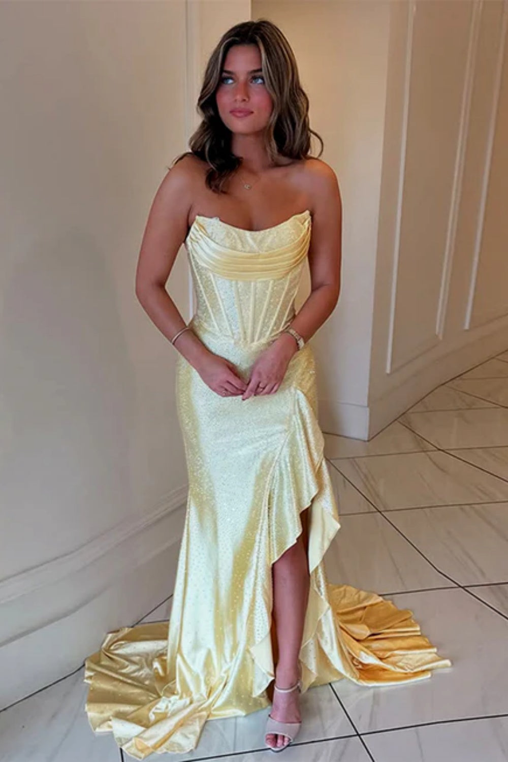 Strapless Sleeveless Sequined Mermaid Prom Dress with Split