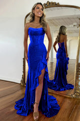 Strapless Sleeveless Sequined Mermaid Prom Dress with Split