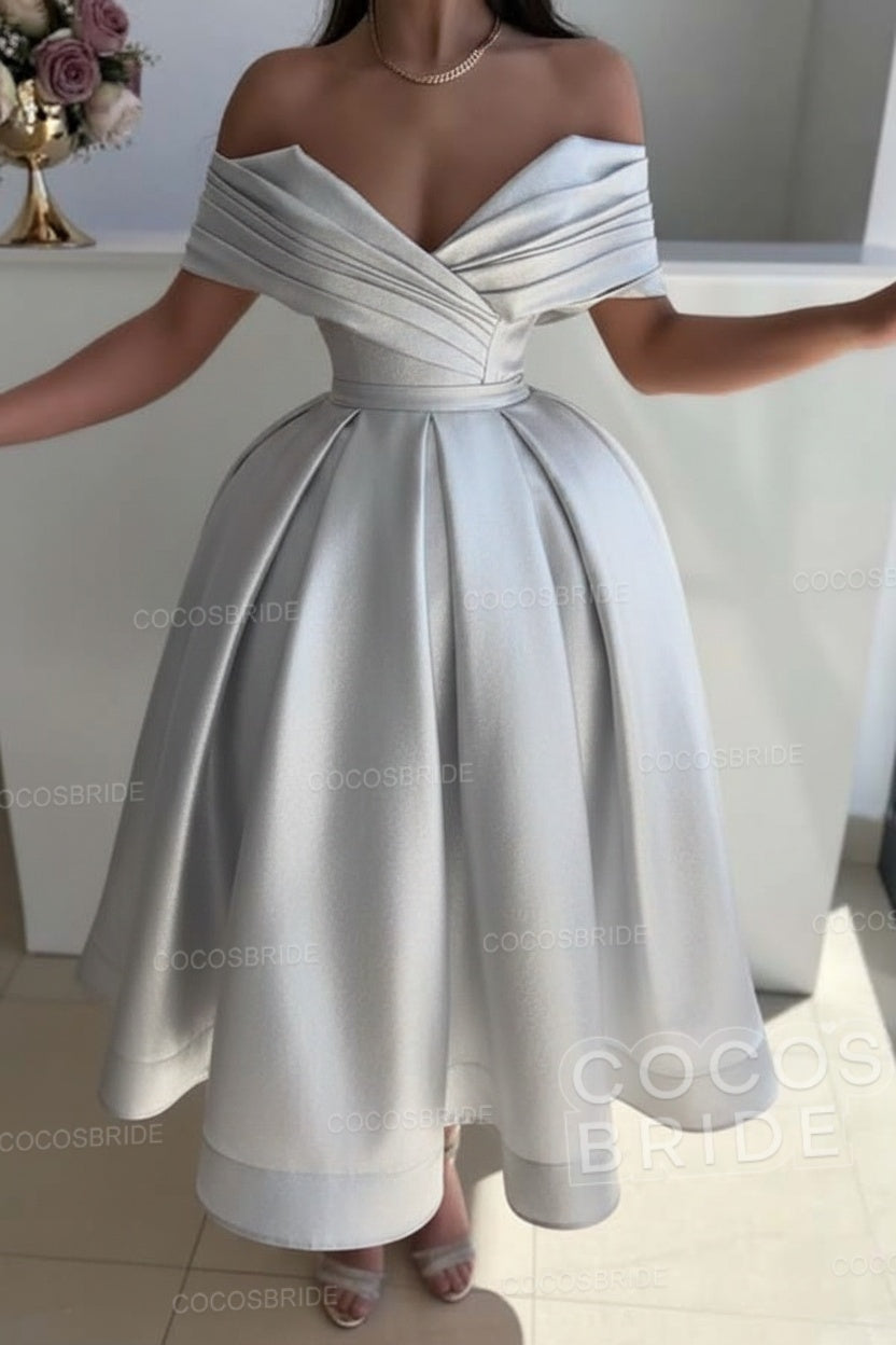 Off the Shoulder A-Line Satin Prom Dress with Pleated