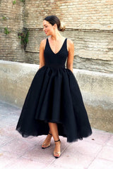 Simple Black V-neck Sleeveless Asymmetrical A-Line Prom Dresses