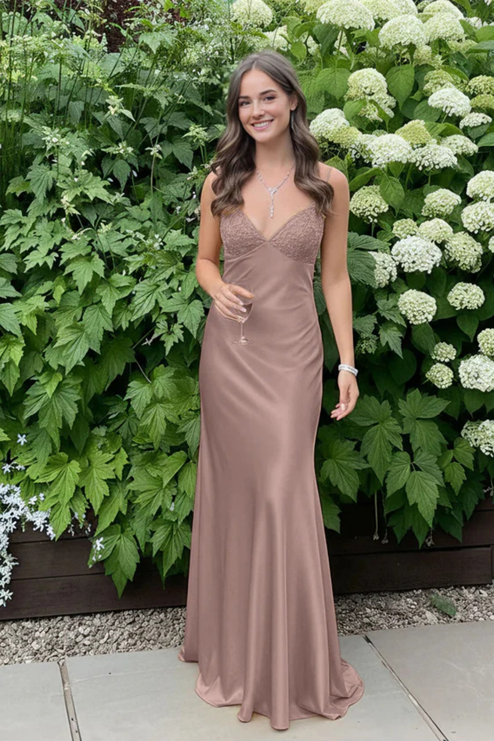 Simple Spaghetti Straps V-neck Sheath Satin Prom Dress