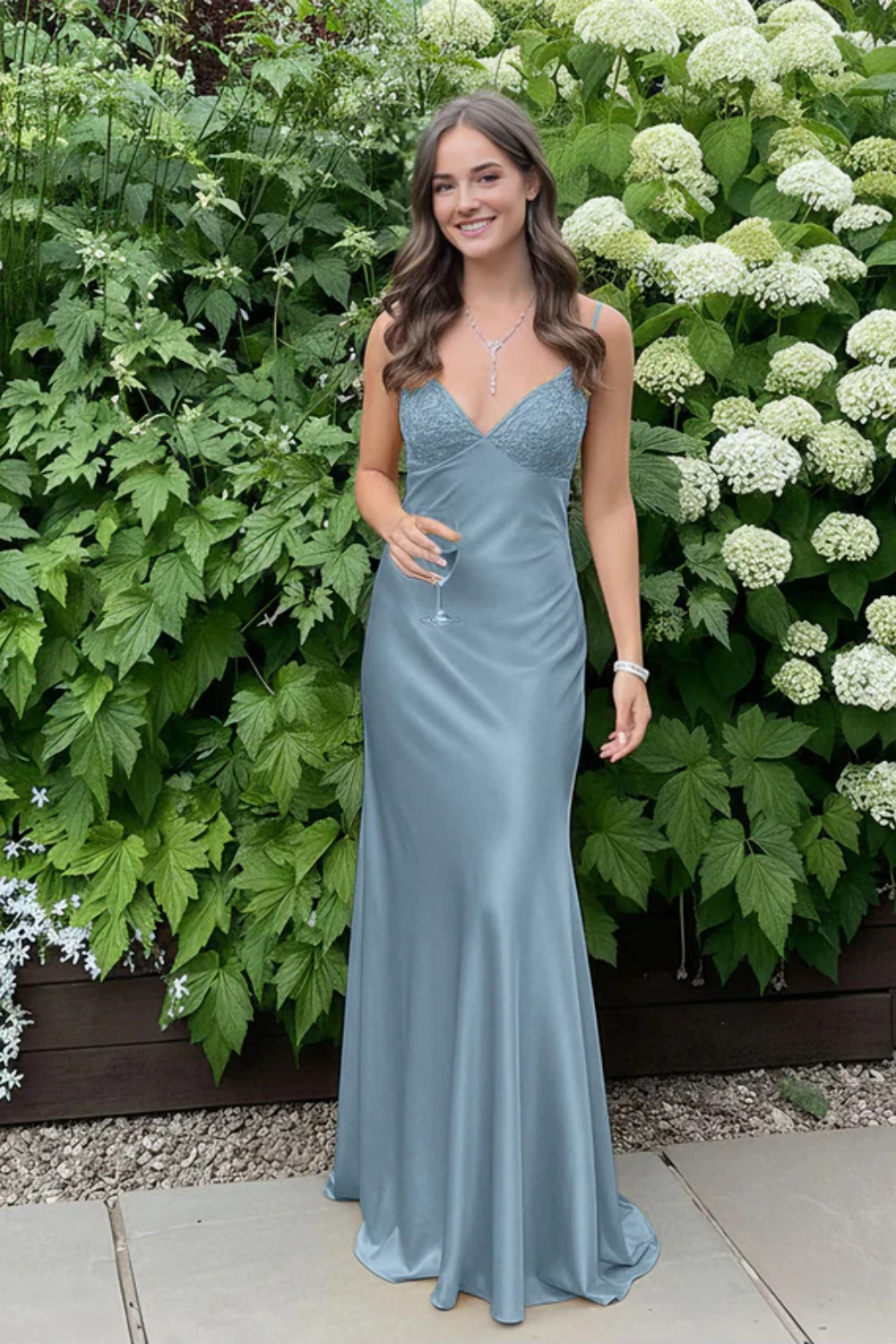 Simple Spaghetti Straps V-neck Sheath Satin Prom Dress