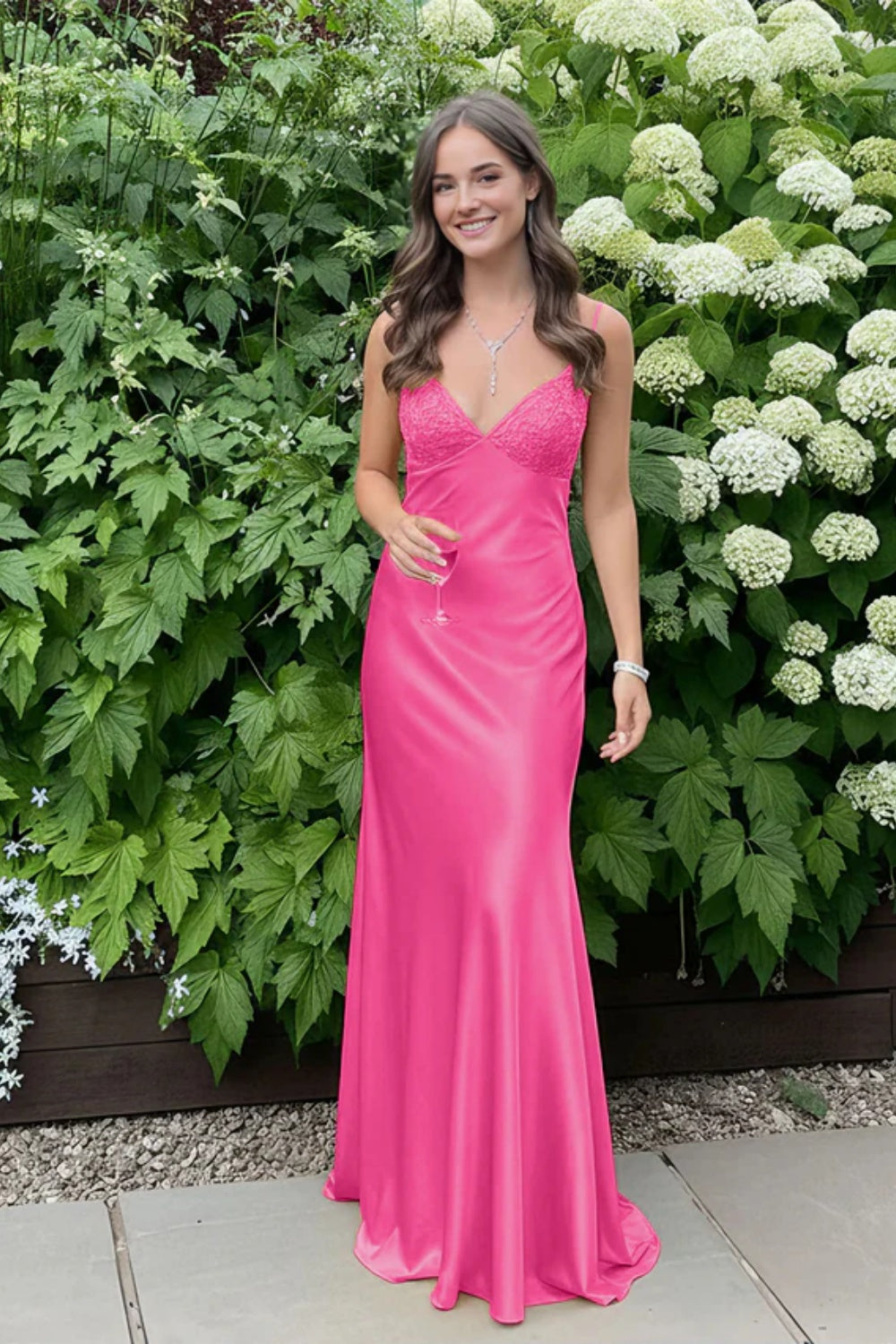 Simple Spaghetti Straps V-neck Sheath Satin Prom Dress