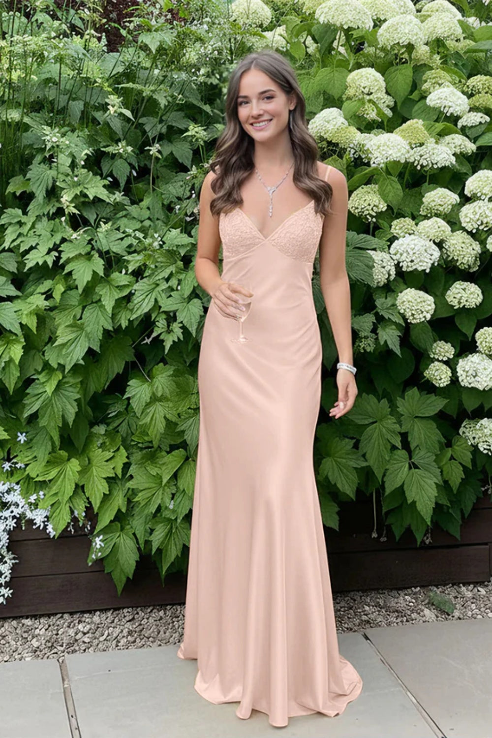 Simple Spaghetti Straps V-neck Sheath Satin Prom Dress