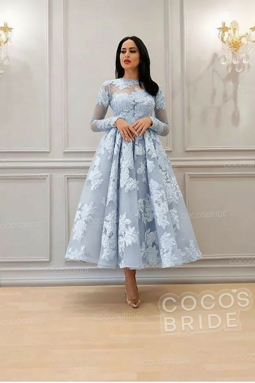 Elegant A-line High Neck Lace Formal Evening Dress with Sleeves