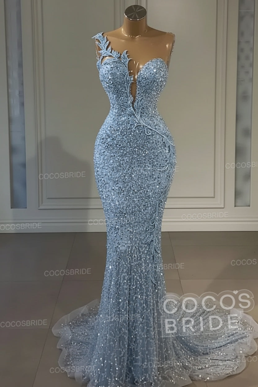Long Mermaid Sweetheart Tulle Sequin Formal Prom Dress