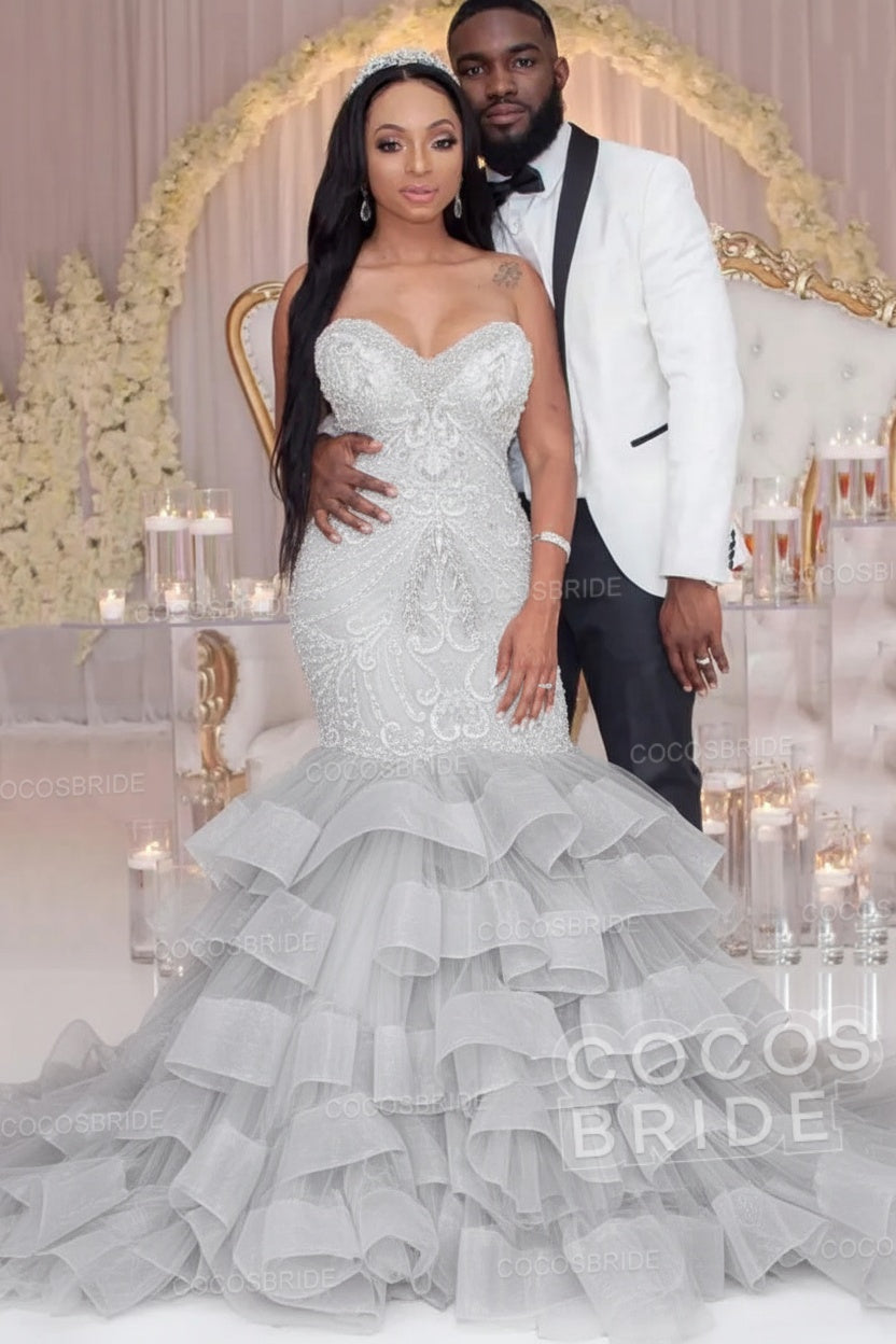 Luxury Long Strapless Ruffles Beaded Mermaid Wedding Dress