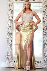 Sparkly Long Strapless Mermaid Beading Prom Dress with Slit