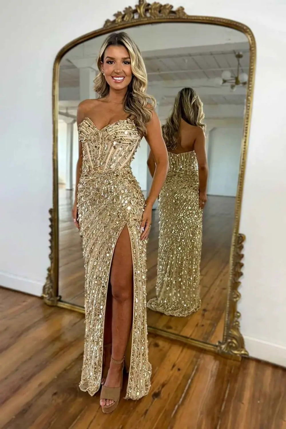 Sparkly Gold Sweetheart Long Mermaid Sequined Prom Dress with Slit