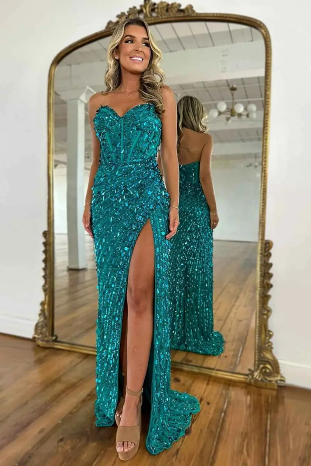 Sparkly Gold Sweetheart Long Mermaid Sequined Prom Dress with Slit