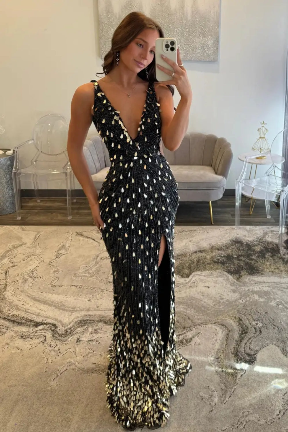 Sparkly Gold V-neck Long Mermaid Sequined Corset Prom Dress