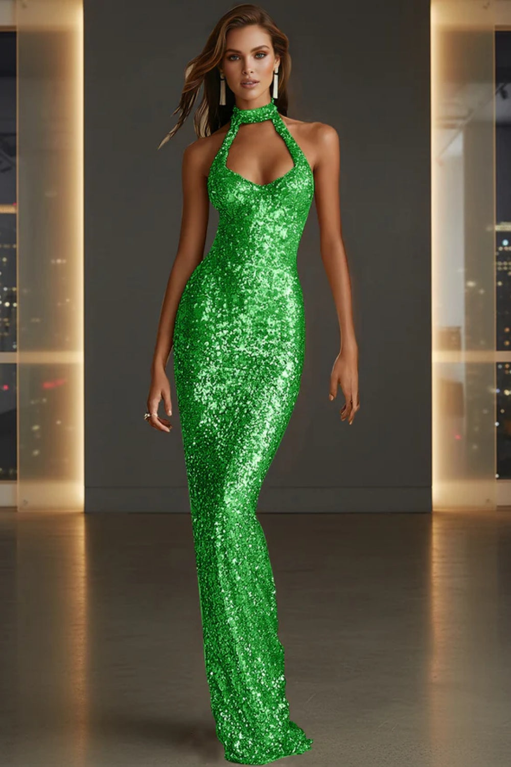 Sparkly Halter Sleeveless Mermaid Sequined Prom Dress