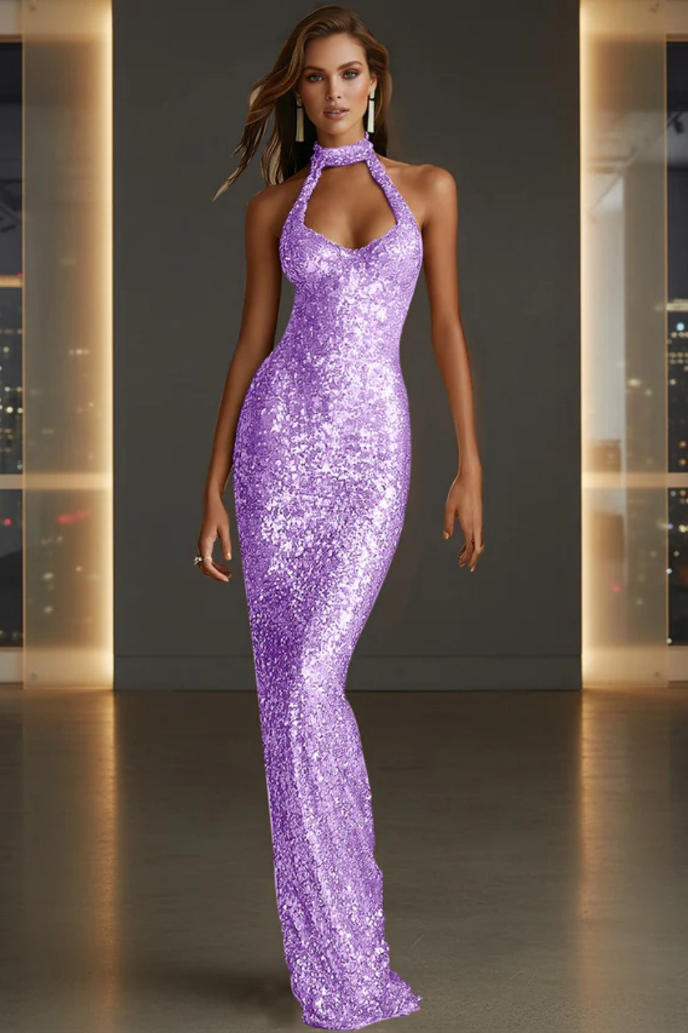 Sparkly Halter Sleeveless Mermaid Sequined Prom Dress