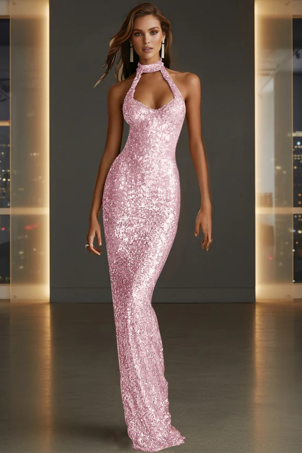 Sparkly Halter Sleeveless Mermaid Sequined Prom Dress
