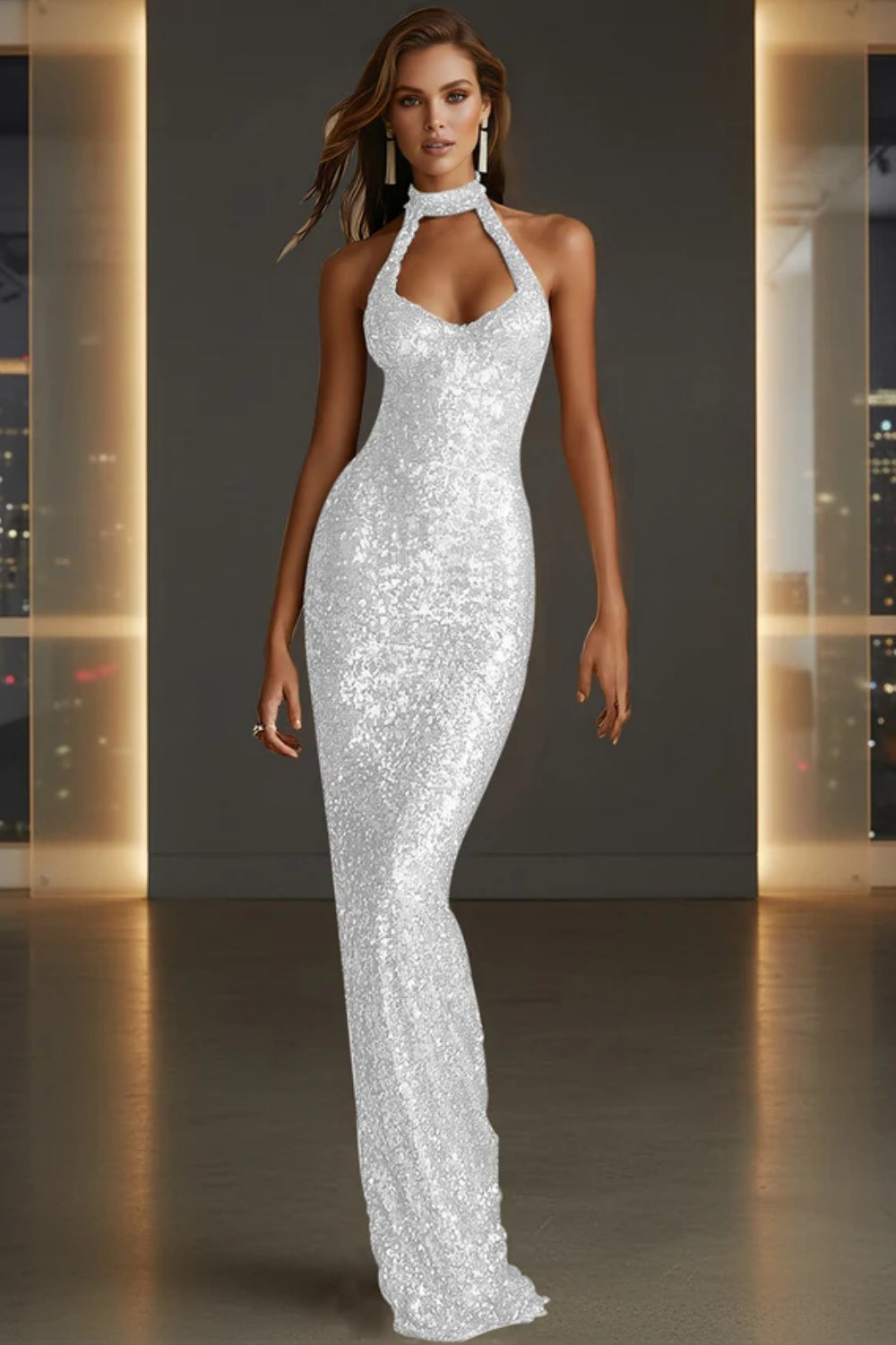 Sparkly Halter Sleeveless Mermaid Sequined Prom Dress