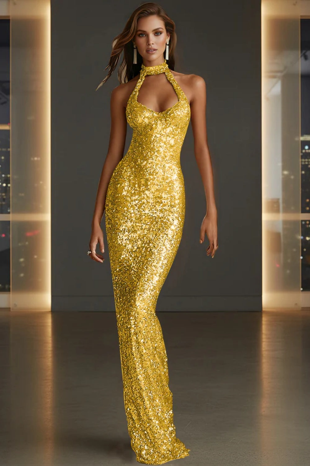 Sparkly Halter Sleeveless Mermaid Sequined Prom Dress