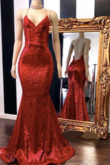 Sparkly Sequins Spaghetti Straps V-neck Mermaid Long Prom Dress