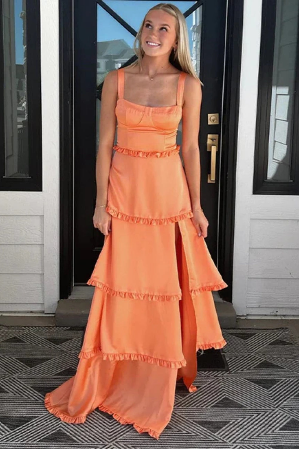 Simple Square Neck  A-line Chiffon Formal Dress with Split