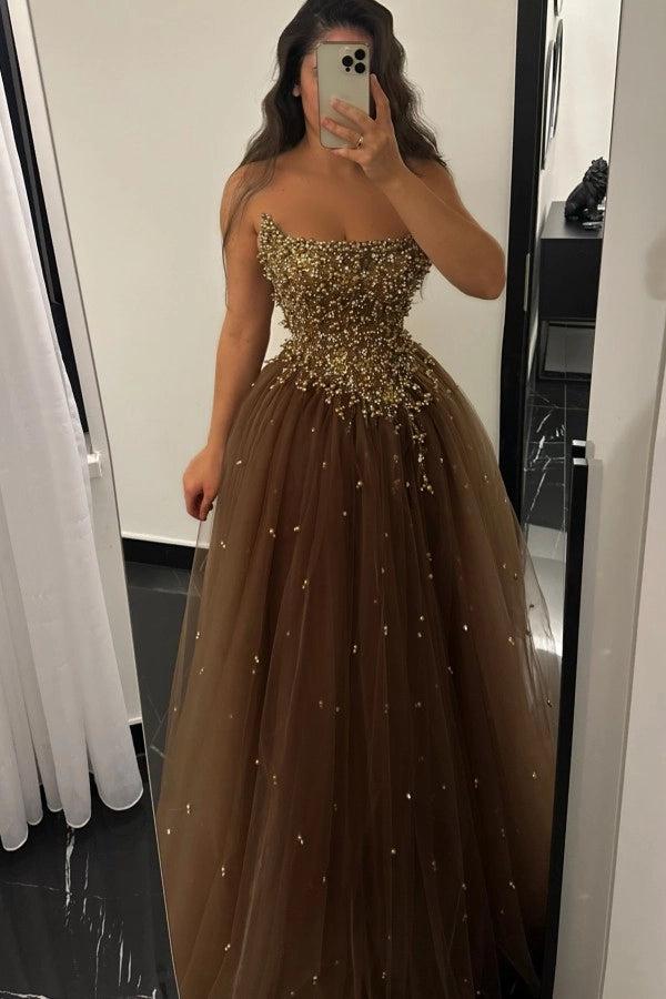 Elegant Strapless A-line Tulle Prom Dress with Beads