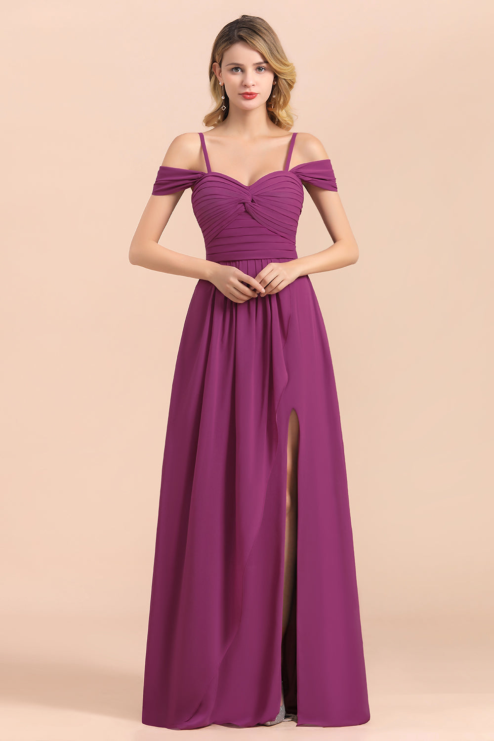 Stunning Off the Shoulder A-Line Chiffon Spaghetti Straps Bridesmaid Dress With Side Slit