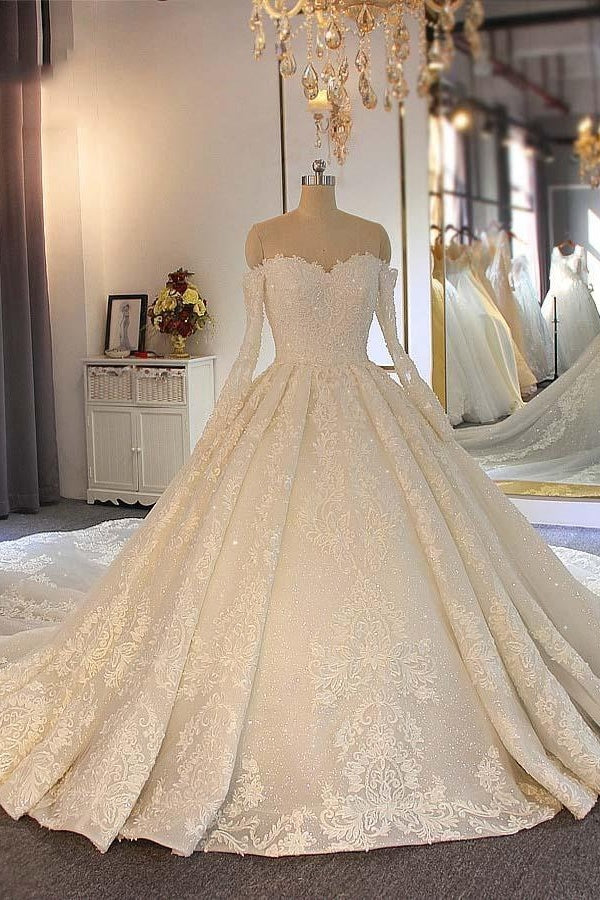 Sweetheart Long Sleeves Ball Gown Lace Beading Wedding Dresses