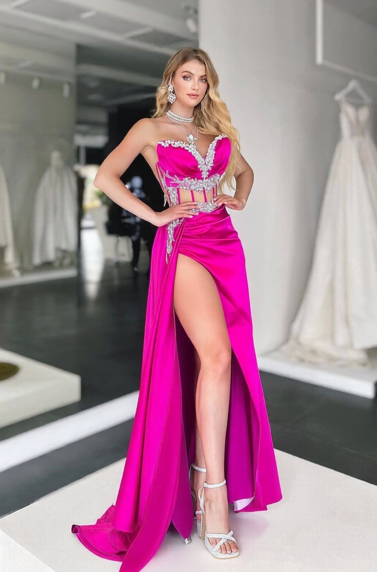 Sweetheart Satin Beaded Long Mermaid Prom Dress with Split Front