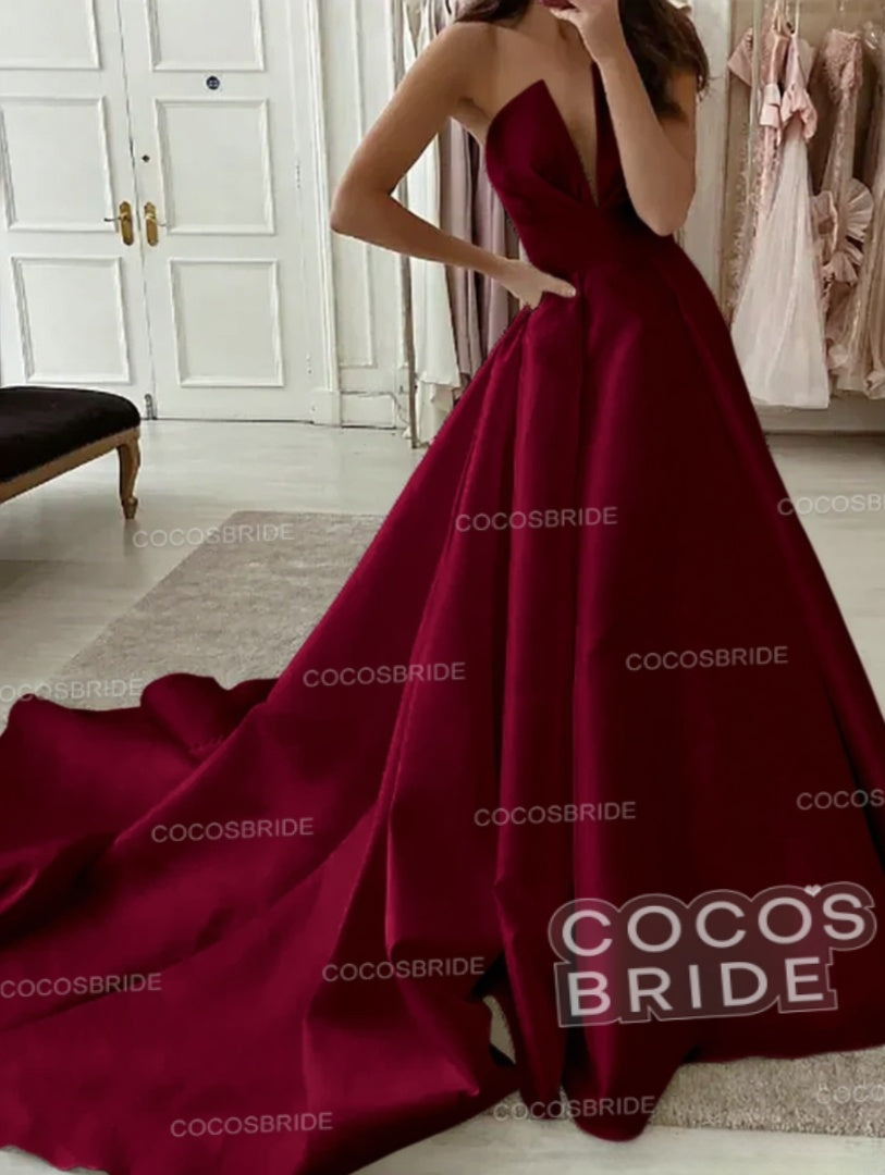 White Long A-line V-neck Satin Sleeveless Wedding Dresses