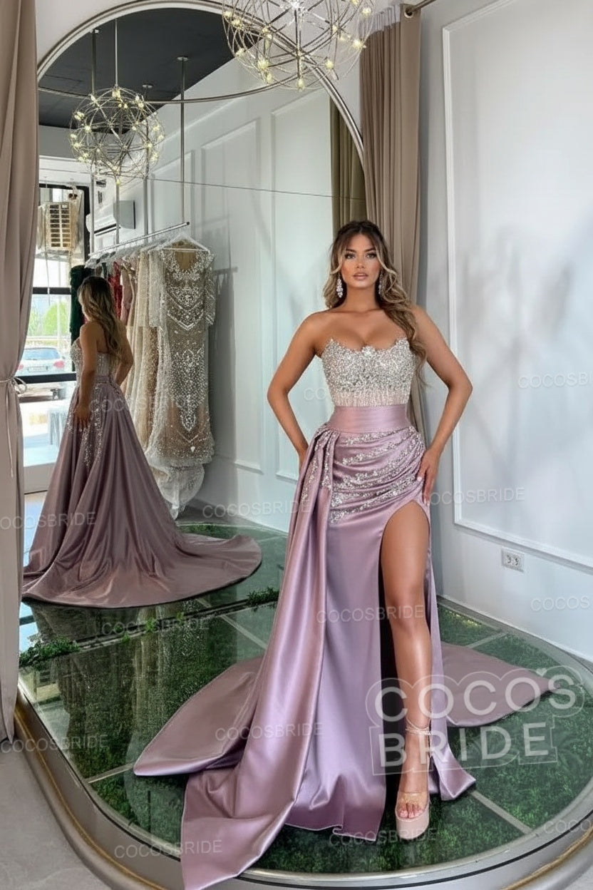 Luxury Mermaid Sweetheart Satin Long Beading Prom Dress with Split