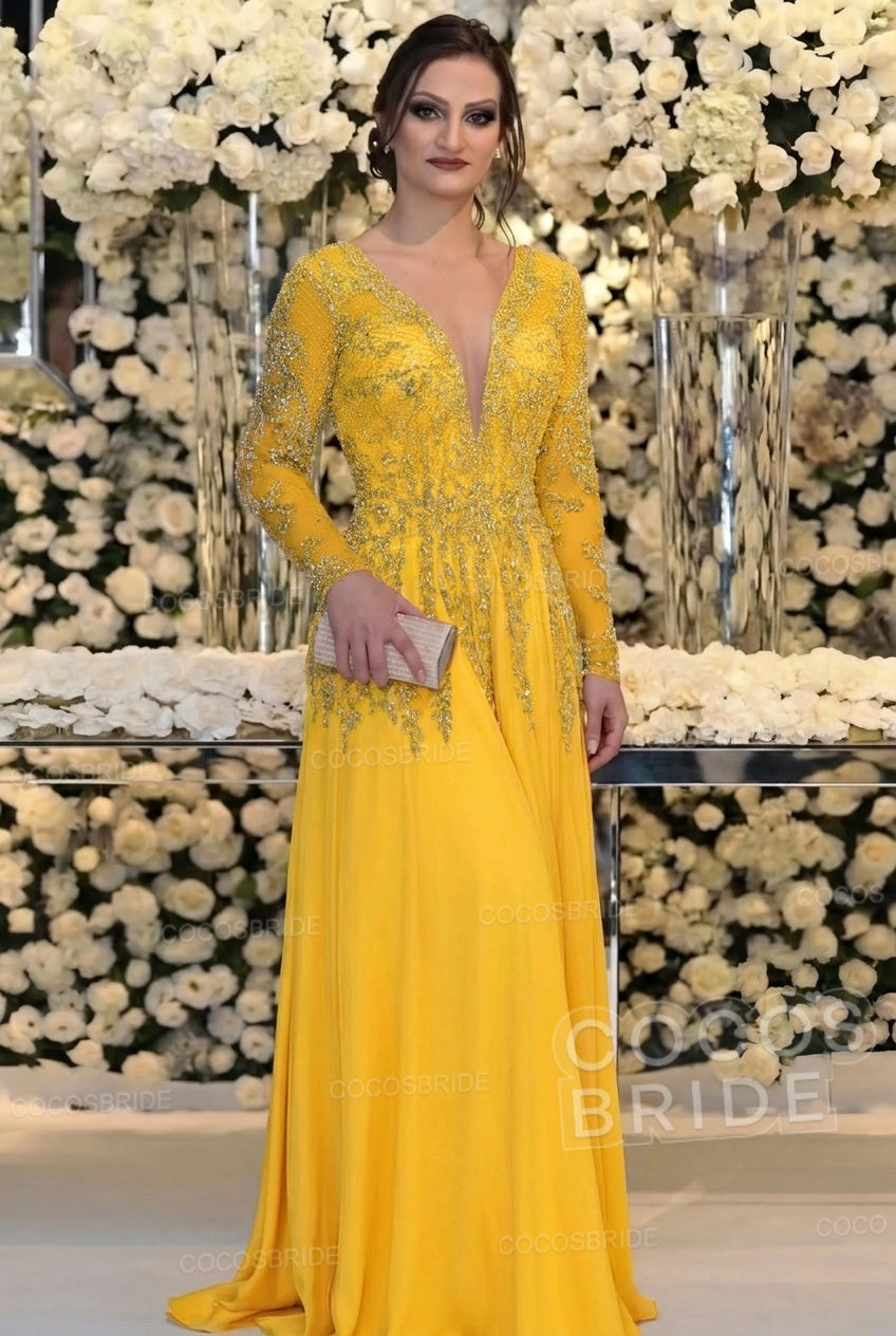 Long Sleeve Floor Length A-line Mother Of Bride Dress With Beading